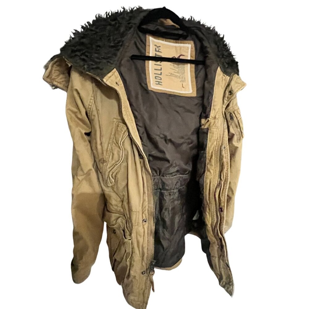 Y2K VINTAGE HOLLISTER WOLF FAUX FUR LINED TWILL PARKA COAT